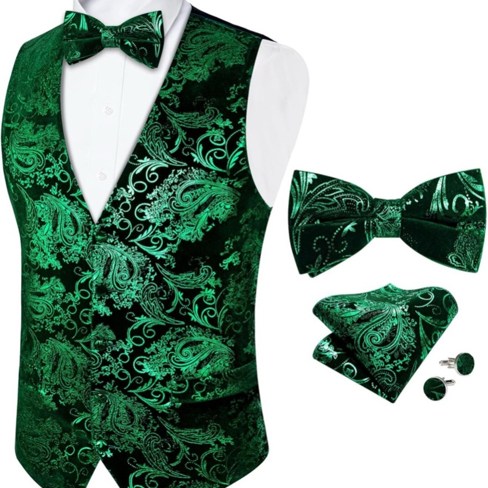 Elegant Green Paisley Vest and Bow Tie Set